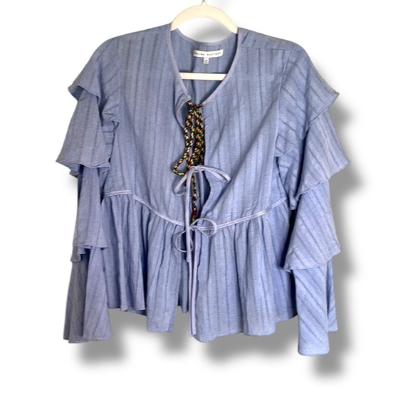 English Factory Tie Front Ruffle Sleeve Long Sleeve Blouse Size Medium - Picture 1 of 5